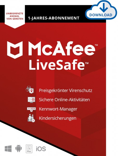 McAfee LiveSafe (2023/2024), unbegrenzte Geräte(50), 1 Jahr, Download