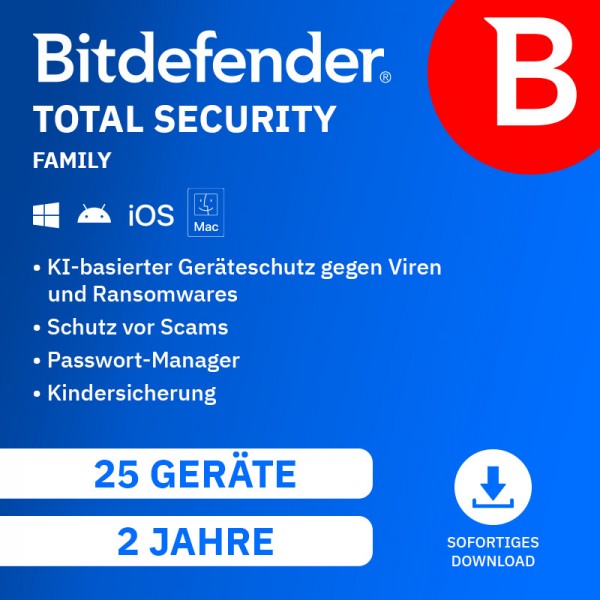 Bitdefender Total Security Family 2026, 25 Geräte, 2 Jahre, Digitaler Download