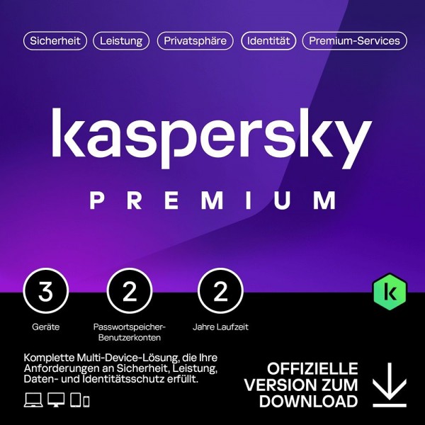 Kaspersky Premium Total Security 2026, 3 Geräte, 2 Jahre, Deutsch, KEY, Download