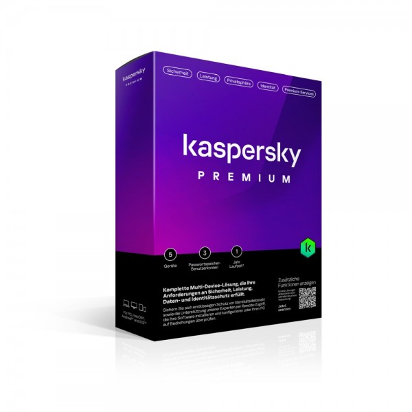 Kaspersky Premium 2024 5 Geräte, 1 Jahr, Total Security, Deutsch,Code in a BOX