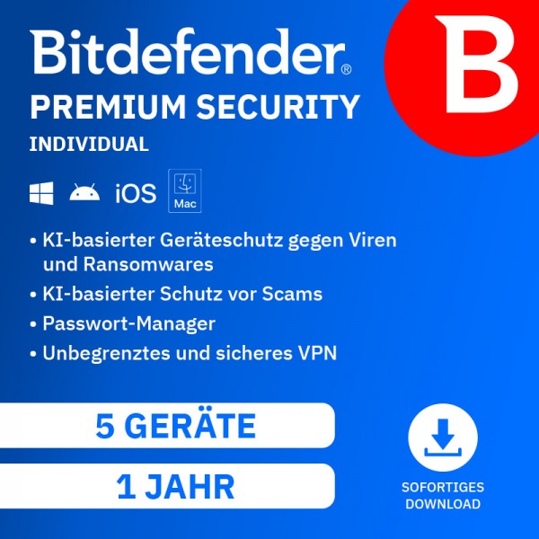 Bitdefender Premium Security INDIVIDUAL 2026 (inkl VPN) 5 Geräte 1 Jahr Download