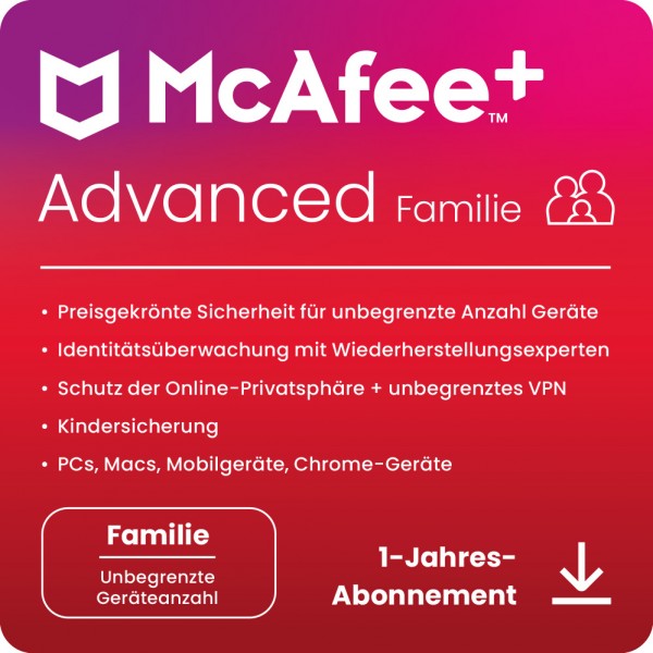 McAfee+ ADVANCED Family Security 2+4 Nutzer, unbegrenzte Geräte, 1 Jahr,Download