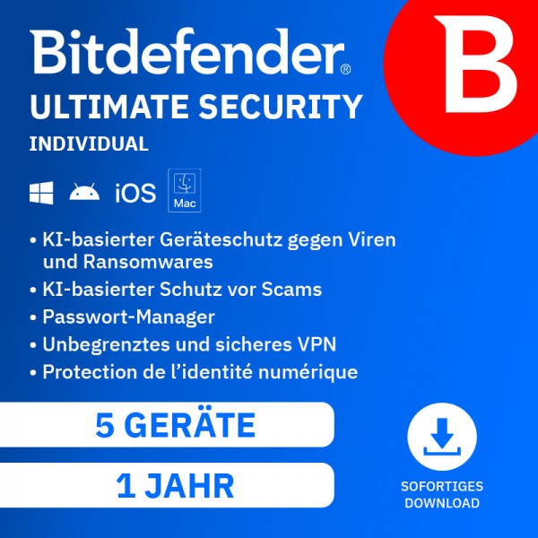Bitdefender Ultimate Security Individual 2026 (inkl VPN) 5 Geräte 1Jahr Download