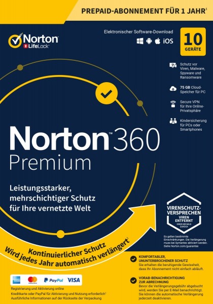 NORTON 360 PREMIUM 2024, kontinuierlicher Schutz,10Geräte,1Jahr, Download