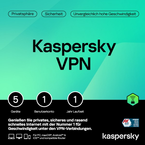 Kaspersky VPN Secure Connection, 5 Geräte, 1 Jahr, Download