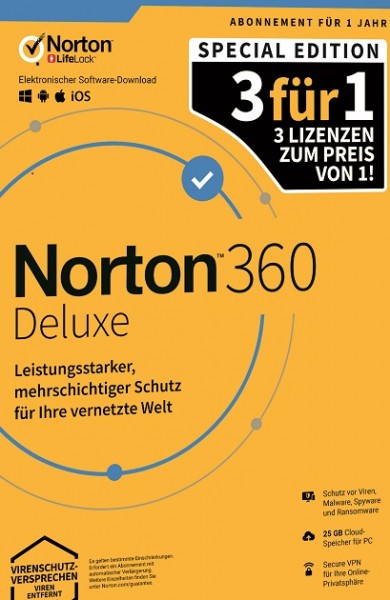 NORTON 360 DELUXE 3für1 3 Geräte 2024 1 Jahr, KEIN ABO, Download
