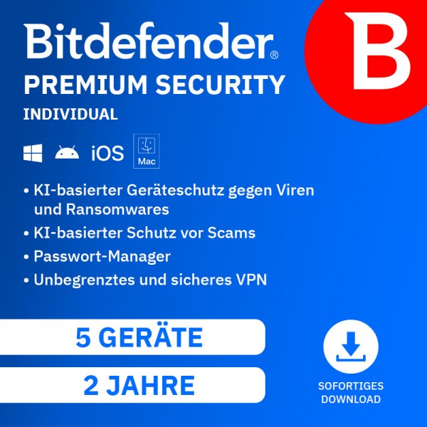 Bitdefender Premium Security INDIVIDUAL 2026 (inkl VPN) 5 Geräte 2Jahre Download
