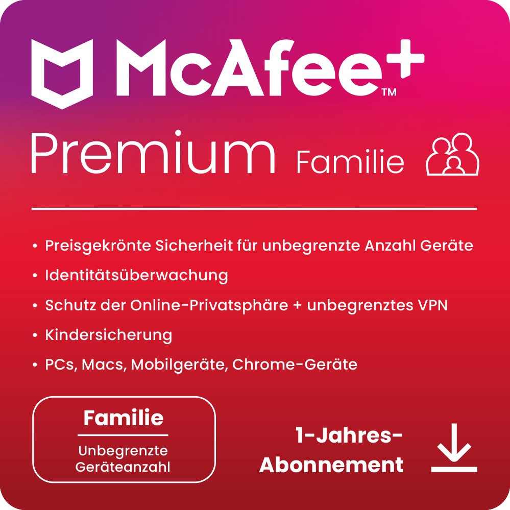 McAfee+ PREMIUM Family Security 2+4 Nutzer, unbegrenzte Geräte,1 Jahr,Download