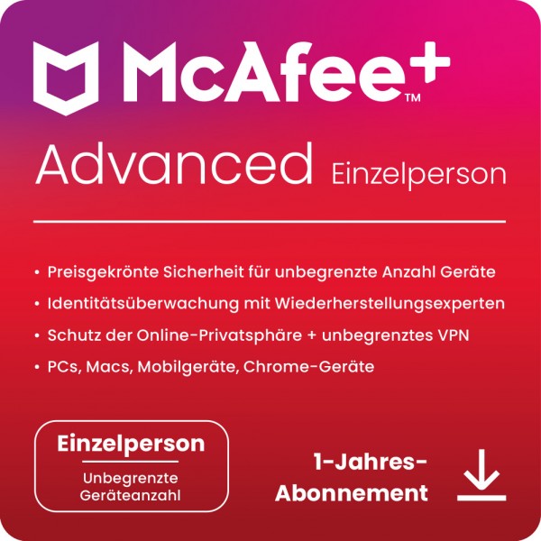 McAfee+ ADVANCED Individual Security 1 Nutzer, unbegrenzte Geräte,1 Jahr,Download