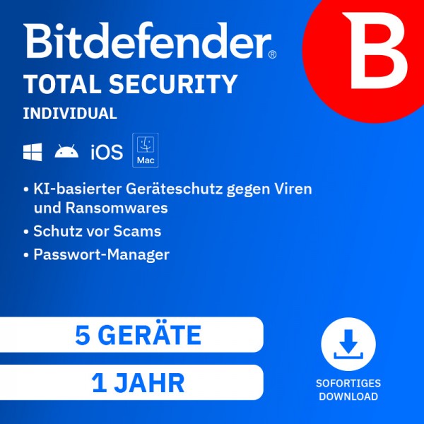 Bitdefender Total Security INDIVIDUAL 2026, 5 Geräte, 1 Jahr, Digitaler Download