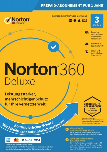 NORTON 360 Deluxe 2024,kontinuierlicher Schutz, 3 Geräte,1 Jahr, Download