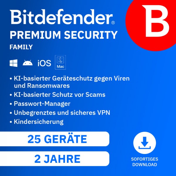 Bitdefender Premium Security FAMILY 2026 inklVPN 25Geräte 2J. Digitaler Download