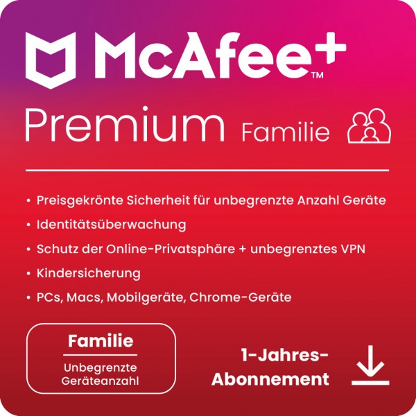 McAfee+ PREMIUM Family Security 2+4 Nutzer, unbegrenzte Geräte,1 Jahr,Download