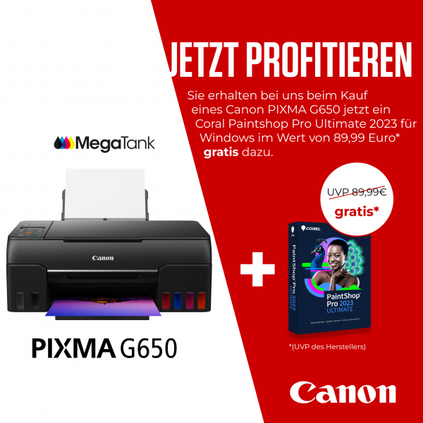 Canon PIXMA G650 MegaTank A4 Tintenstrahldrucker, Fotodrucker, W-LAN, schwarz, inkl. Corel PaintShop