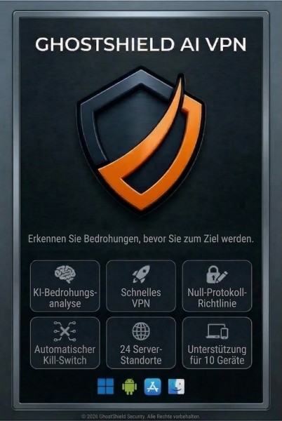GhostShield VPN + KI-Analysator EchtzeitSchutz für Win u Android 10Geräte 1Jahr