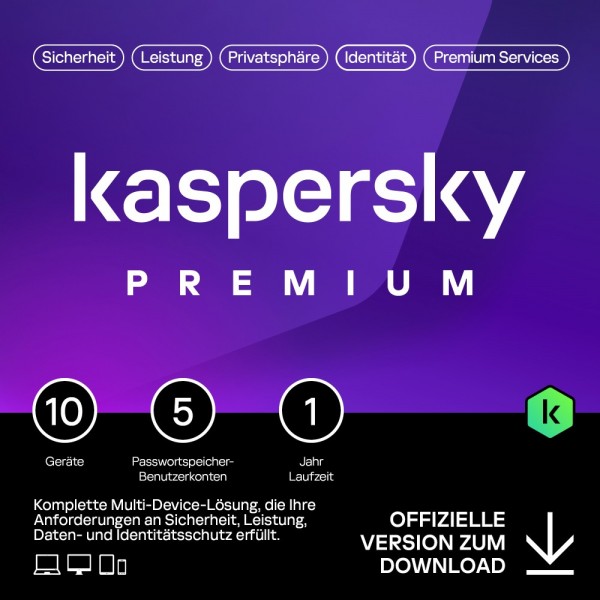 Kaspersky Premium Total Security 2024/2025, 10 Geräte, 1 Jahr, Deutsch, KEY, Download