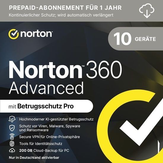 NORTON 360 Advanced 2026 +VPN+200GBCloud 10Geräte 1Jahr Download DE