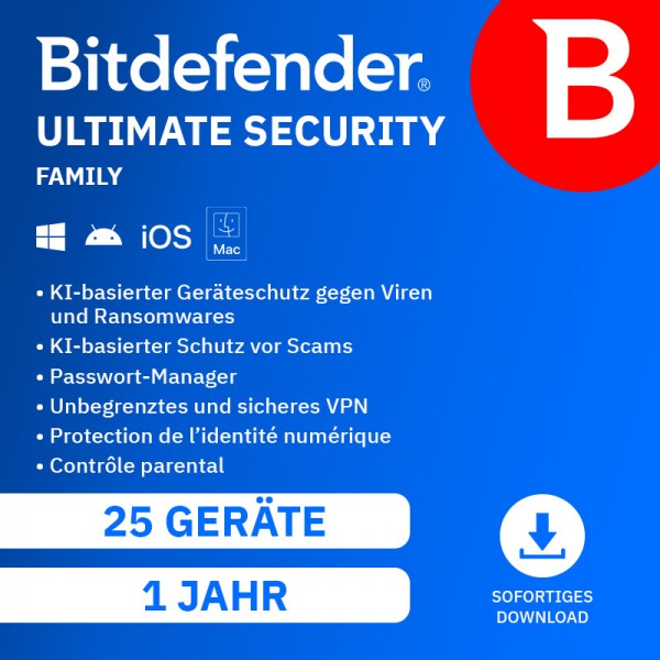 Bitdefender Ultimate Security Family 2026 (inkl VPN) 25 Geräte 1Jahr Download