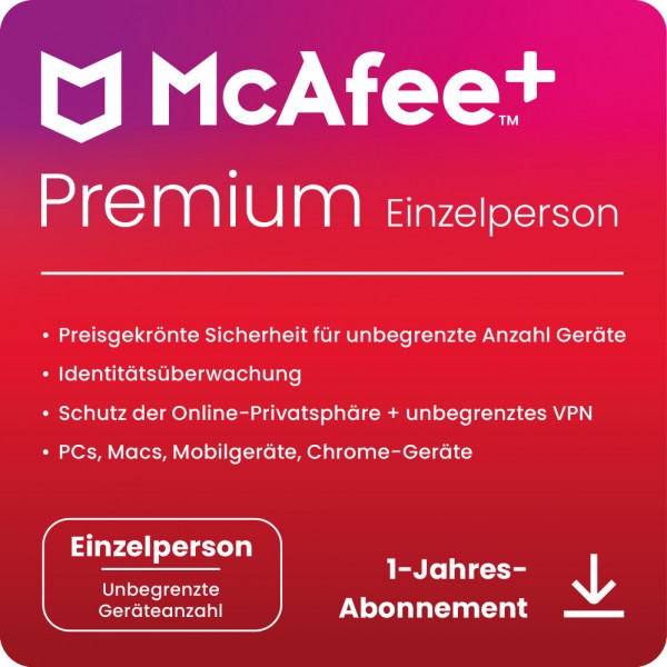 McAfee+ PREMIUM Individual Security 1 Nutzer, unbegrenzte Geräte,1 Jahr,Download
