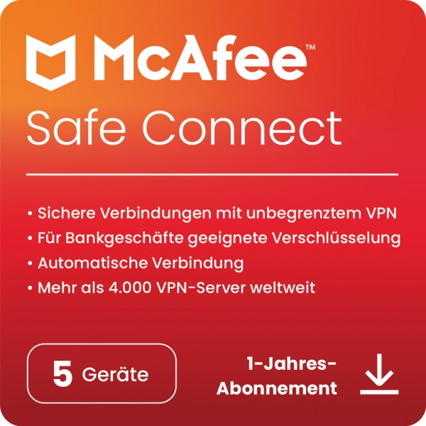 McAfee VPN Safe Connect 2024, 5 Geräte, 1 Jahr , Download