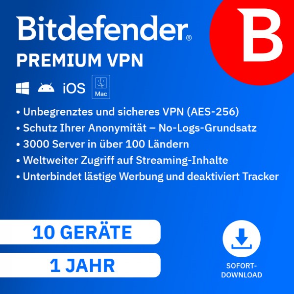 Bitdefender Premium VPN 2026 10 Geräte, 1 Jahr, Digitaler Download DE